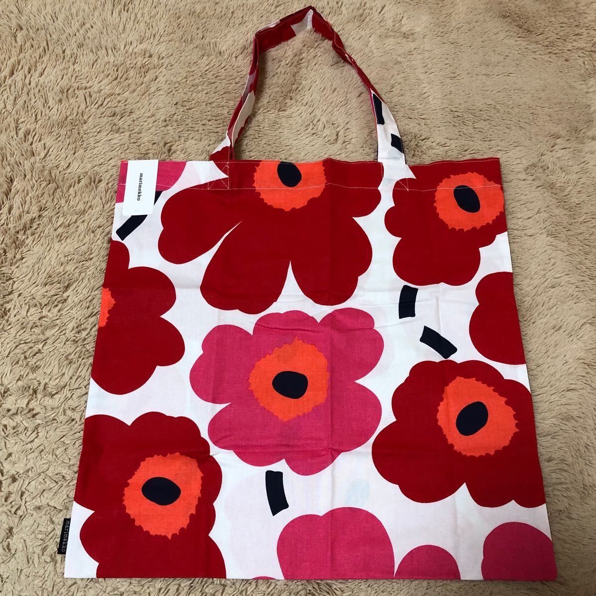 マリメッコ ウニッコ トートバッグ　レッド系　買い物バッグ　花柄　北欧雑貨　エコバッグ　 marimekko