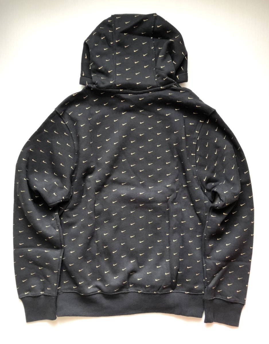 新品 送料込 NIKE FLEECE SWOOSH AOP PULLOVER HOODIE Mサイズ 黒 ナイキ フリース スウッシュ プルオーバー フーディ パーカー 総柄_画像2