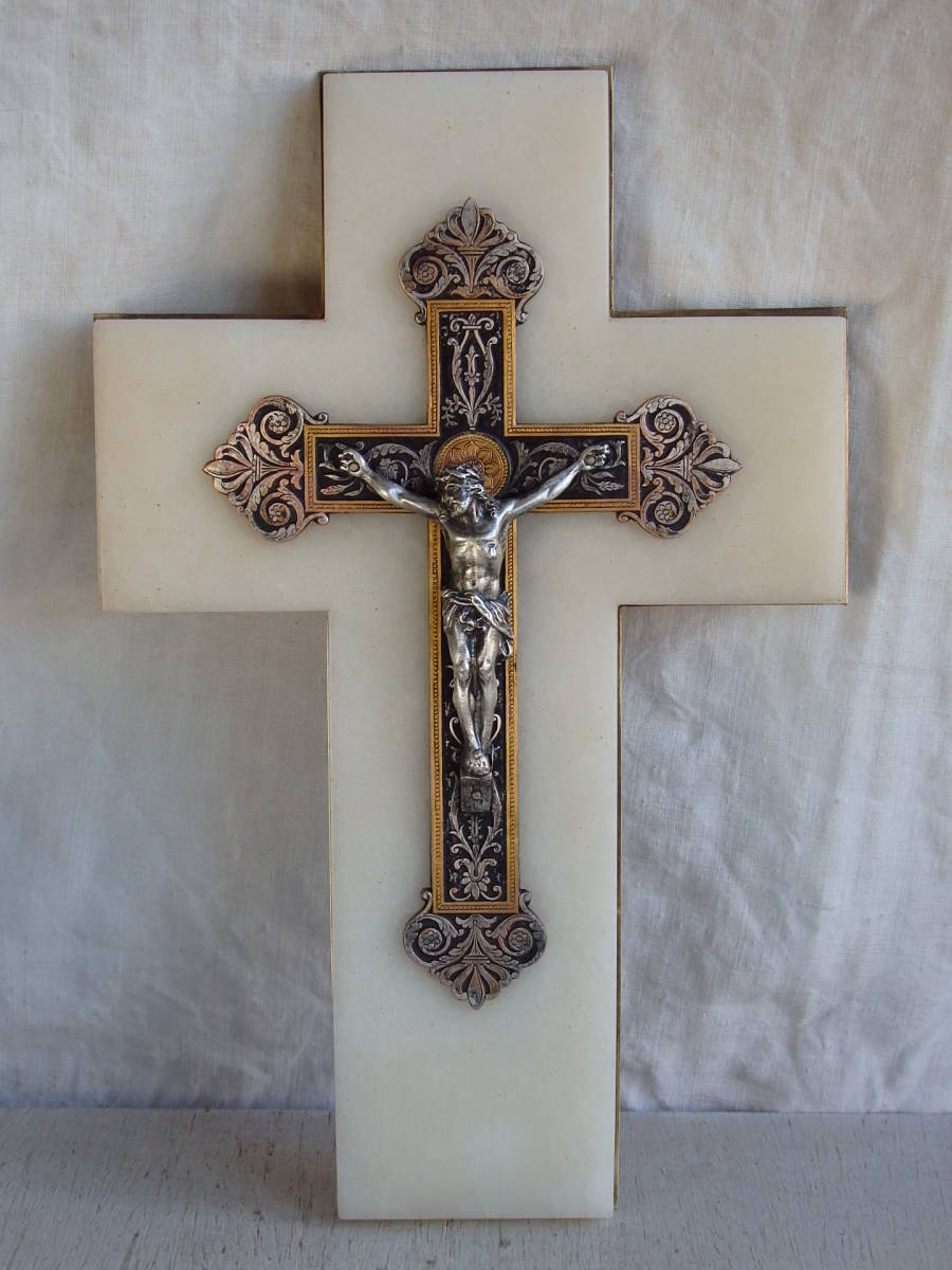 フランスアンティーク 十字架 壁掛け クロス 大理石 キリスト 教会 聖品 蚤の市 ブロカント ベネティエ 仏