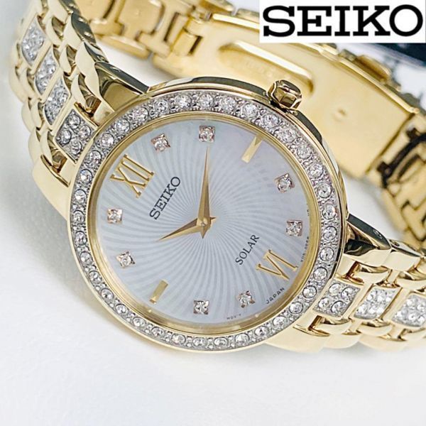 ★スワロフスキー 定価3.8万★セイコーSEIKO 新品 腕時計 女性レディース マザーオブパール/ソーラー/シルバー/ゴールド/日本製/クリスタル f468npJNvGHITY01-5131 海外モデル