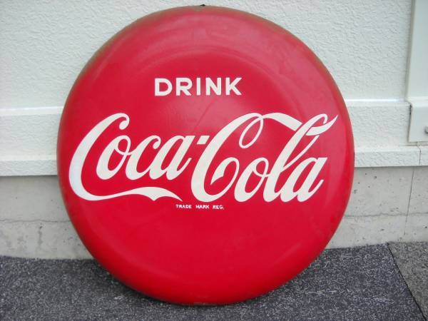 当時物　アンティーク　DRINK Coca-Cola　コカコーラ　ボタンサイン　ホーロー　琺瑯　看板　丸　61cm　昭和レトロ