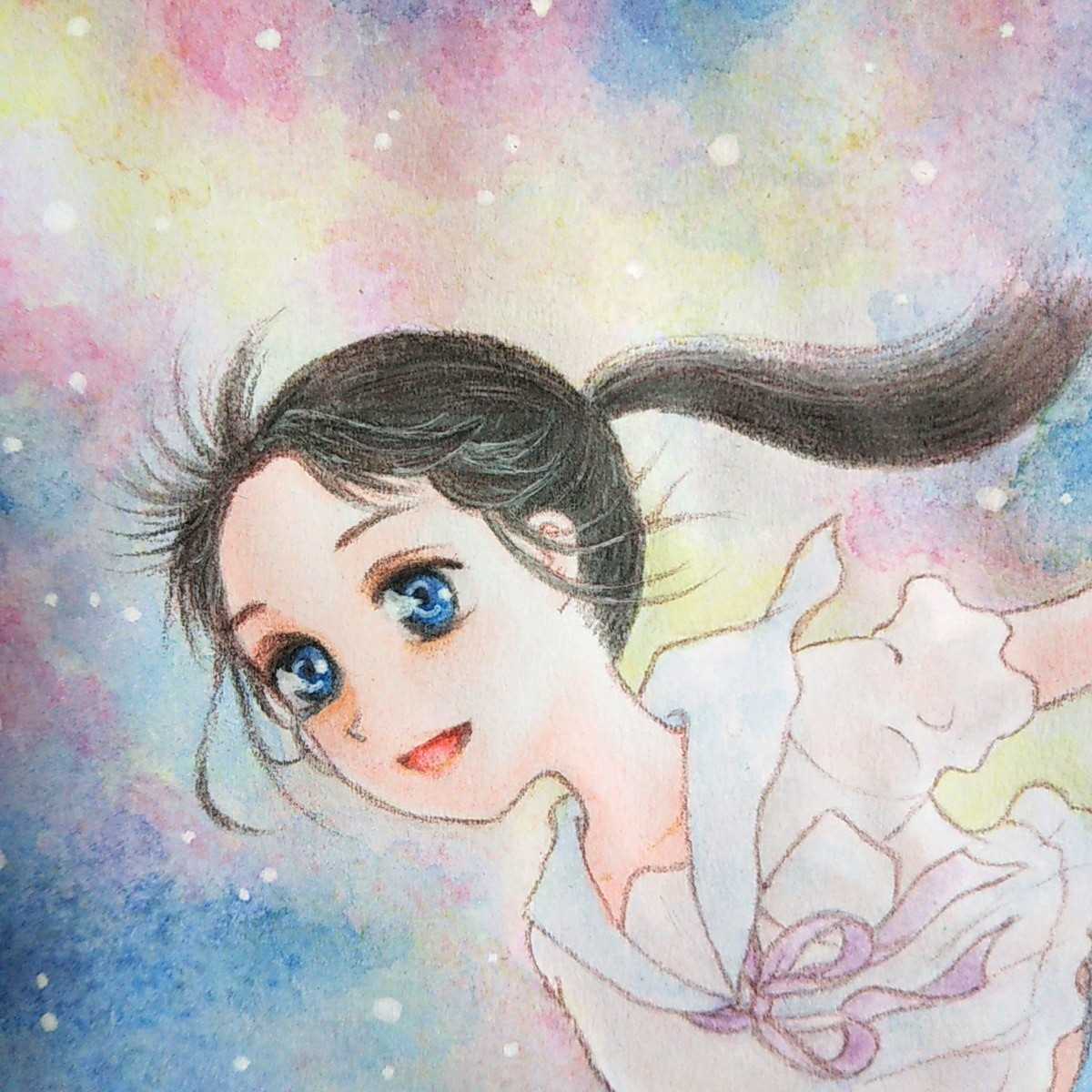 手描き自作創作イラスト オリジナル 原画一点もの アナログ 水彩絵具 星の海を泳ぐ女の子 セーラー服 的详细信息 雅虎拍卖代拍 From Japan