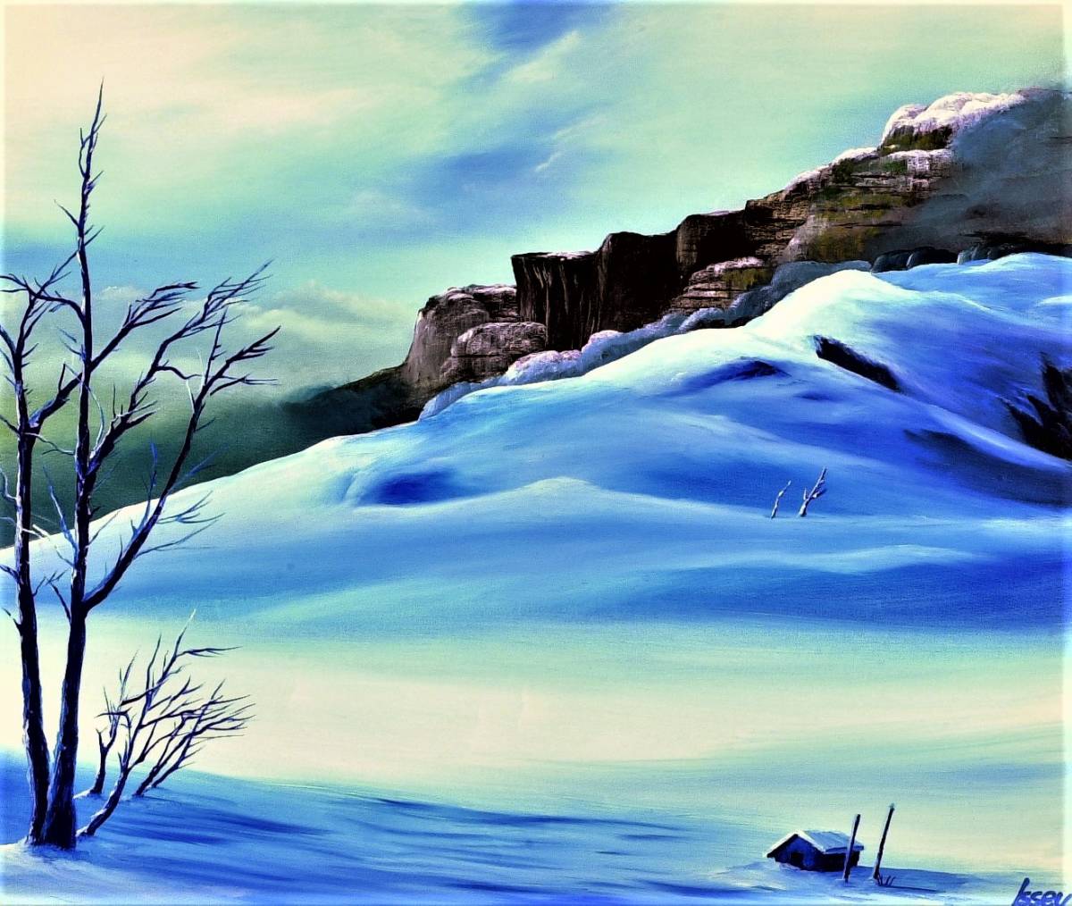 油彩画 洋画 (油絵額縁付きで納品対応可) M20号 「冬の奥入瀬１」 小川