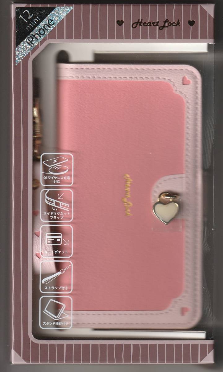 送料無料【訳あり・未使用品】iPhone12mini (5.4インチ)手帳型 ケース Heart Lock ミルキーピンク Natural design ストラップ スタンド機能