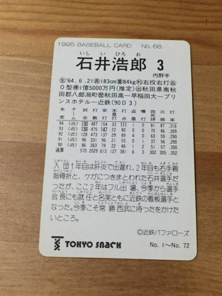  Ishii ..( close iron Buffaloes ) - 1995 BASEBALL CARD( Calbee * Professional Baseball chip s).... member Ishii Prince hotel Buffalo z wistaria . temple 