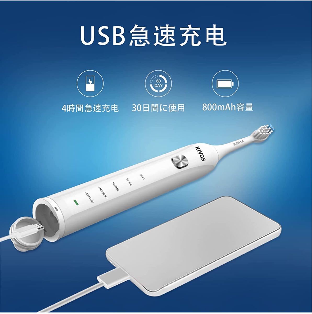 電動歯ブラシ  超音波歯ブラシ ソニック USB充電式 6本替えブラシ