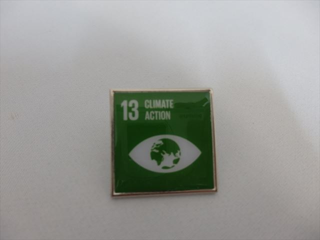 SDGsピンバッジ　1個(1540円税込・送料無料）「13. 気候変動に具体的な対策を（Climate action）（国連ブックショップ購入）再生素材UN63