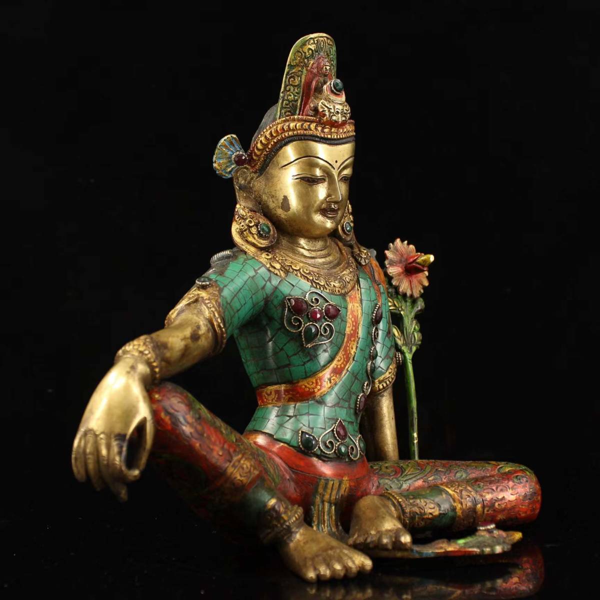 西藏寺院 古銅手工彫 宝石嵌彩絵描金緑度母 極細工 骨董品 古賞物 中国