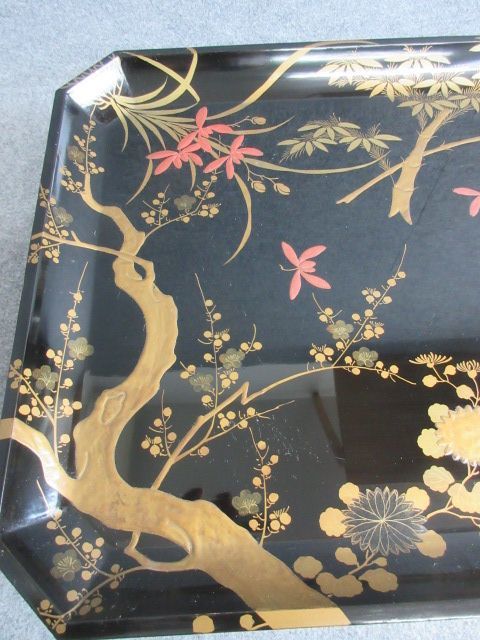売り出し 【政】29250 黒塗蒔絵硯蓋 竹梅に菊ラン 漆器 塗り物 骨董