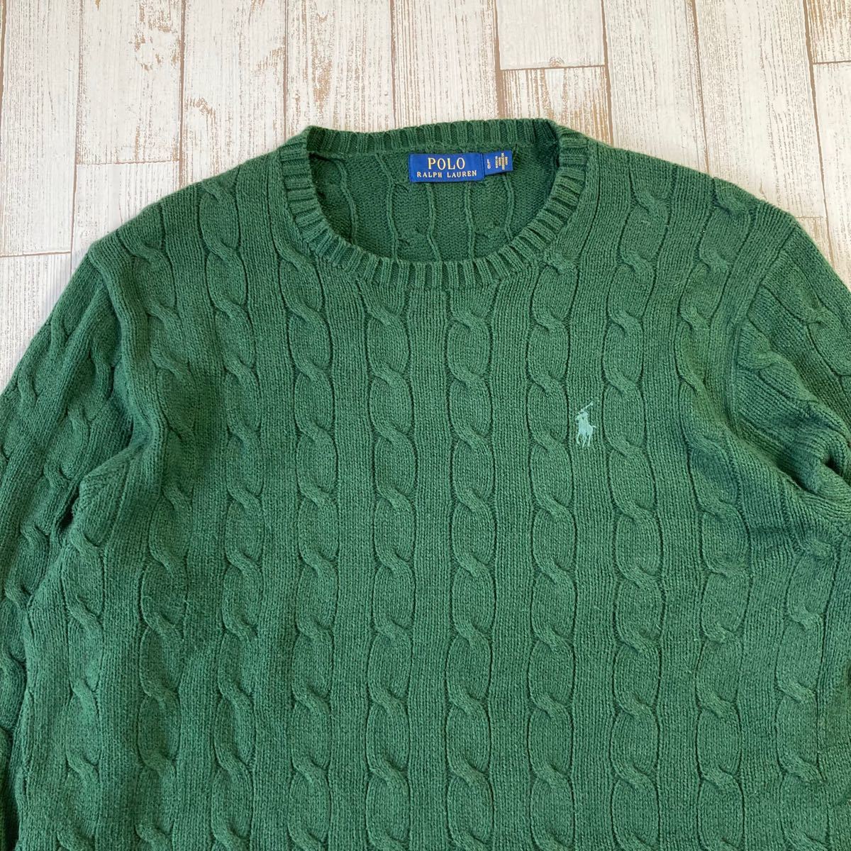 POLO RALPH LAUREN ケーブルニット セーター グリーン 緑 古着 ポロラルフローレン コットンセーター 刺繍ロゴ