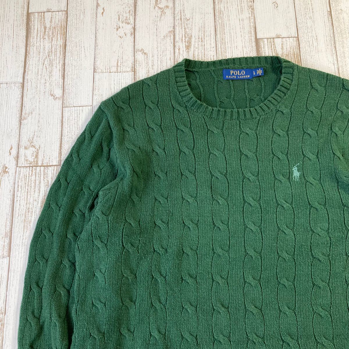 POLO RALPH LAUREN ケーブルニット セーター グリーン 緑 古着 ポロラルフローレン コットンセーター 刺繍ロゴ