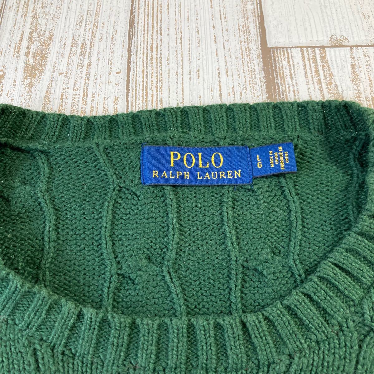 POLO RALPH LAUREN ケーブルニット セーター グリーン 緑 古着 ポロラルフローレン コットンセーター 刺繍ロゴ