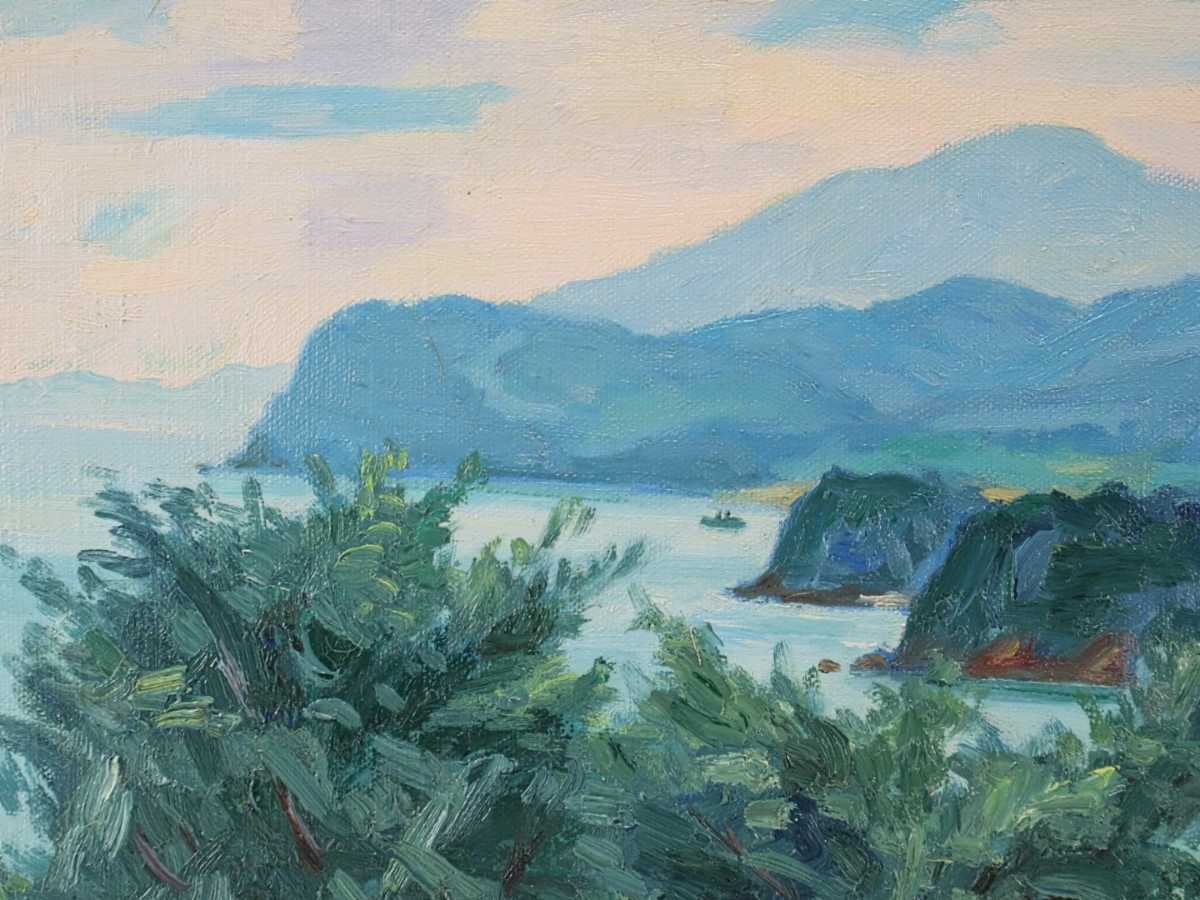 真作保証 藤田重夫 油彩「新緑の小豆島」画寸 F6 香川県出身 新世紀美術委員 小出楢重に師事 小高いオリーブ畑の丘から絶景の瀬戸内海 3961_画像7