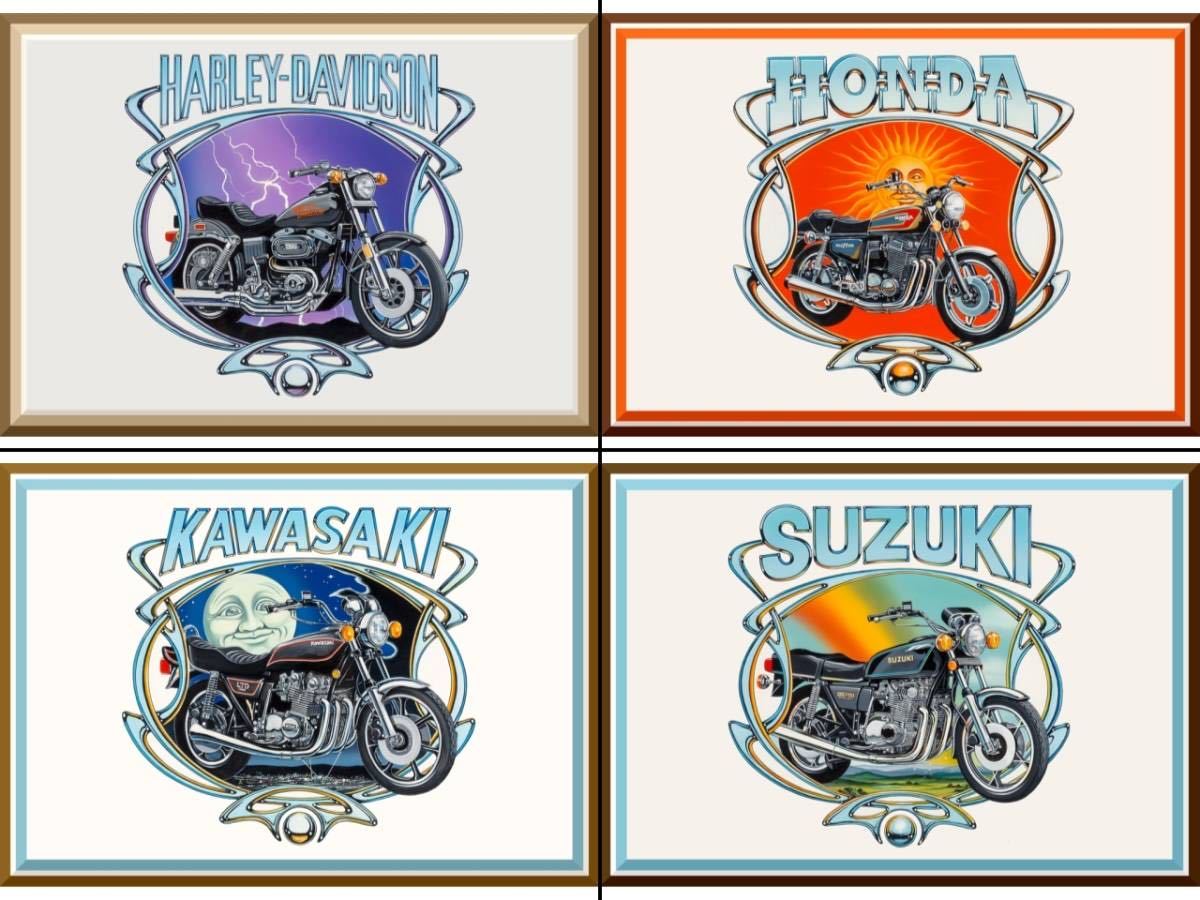 ☆David Mann 70年代バイクアートポスター4枚セット『Honda CB750/HD FXS 1200/Kawasaki Z1000 LTD/Suzuki GS750』 _4枚セットです!