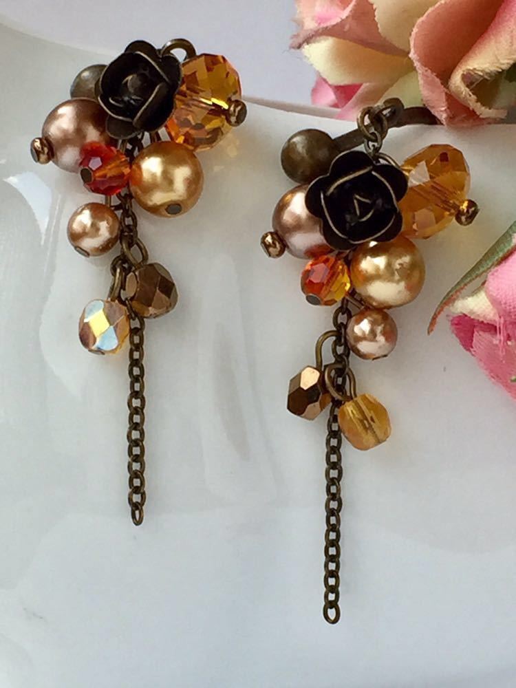  Swarovski & rose Kirameki .. rain bead earrings ( topaz ) hand made 3 point successful bid . outside fixed form free shipping antique Gold volume . flower 