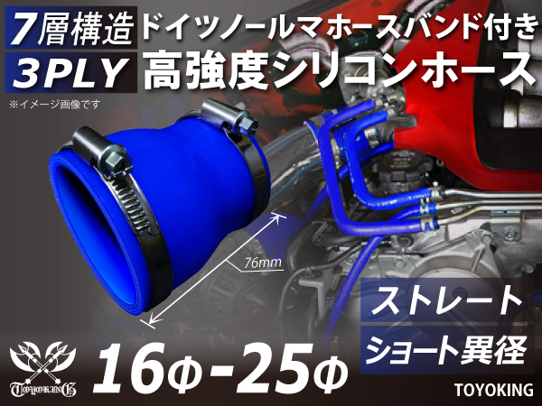 レーシングカー ドイツ ノールマ バンド付 高強度シリコンホース ショート 異径 内径16⇒25Φ 全長76mm 青色 汎用品_画像1