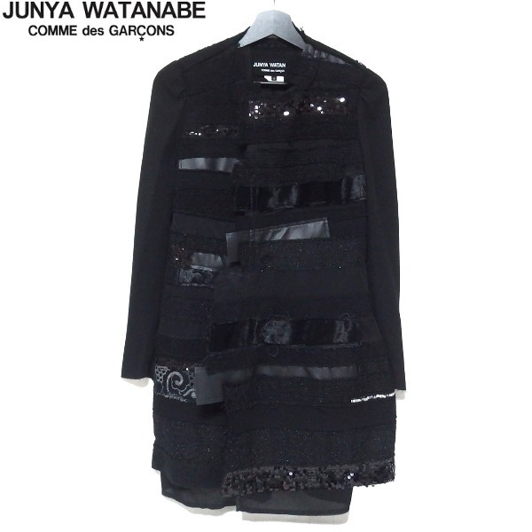 良品★JUNYA WATANABE COMME des GARCONS 異素材 パッチワーク 薄手 コート ジャケット 黒 ジュンヤワタナベ コムデギャルソン★_画像1