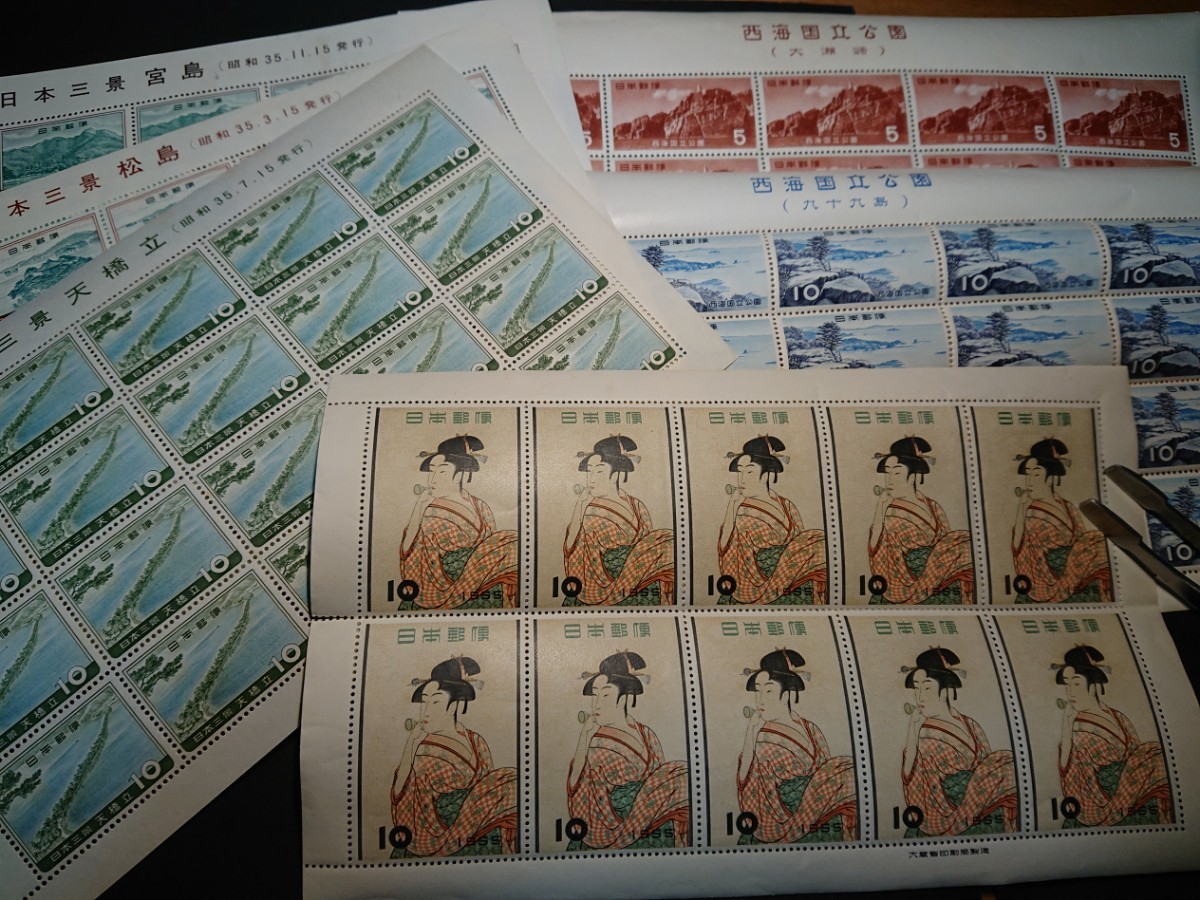 切手シート６枚 ビードロ娘、日本三景３枚、西海国立公園2枚