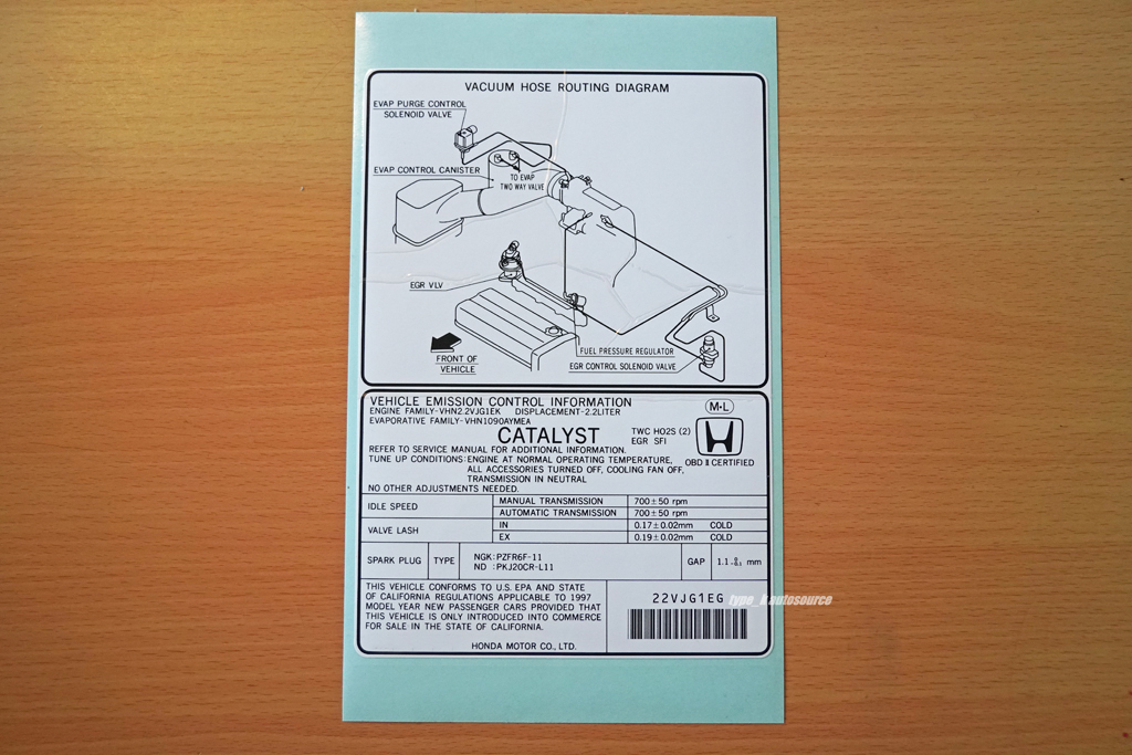 USホンダ純正1997 97 HONDA PRELUDE プレリュード ボンネット裏 エミッション ラベル-Cali USDM北米JDM BB6 Si-R ype-S type-SH H22A VTEC_画像2