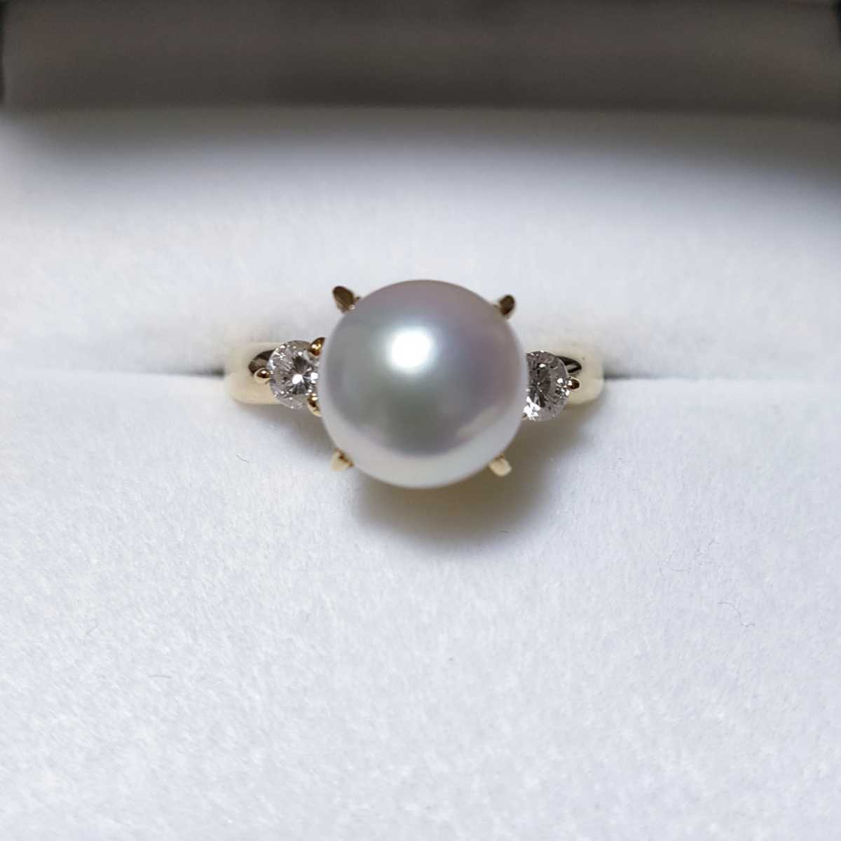 ダイヤモンド×パール アコヤ真珠 リング K18YG 8.5mm 0.24ct 4.2g