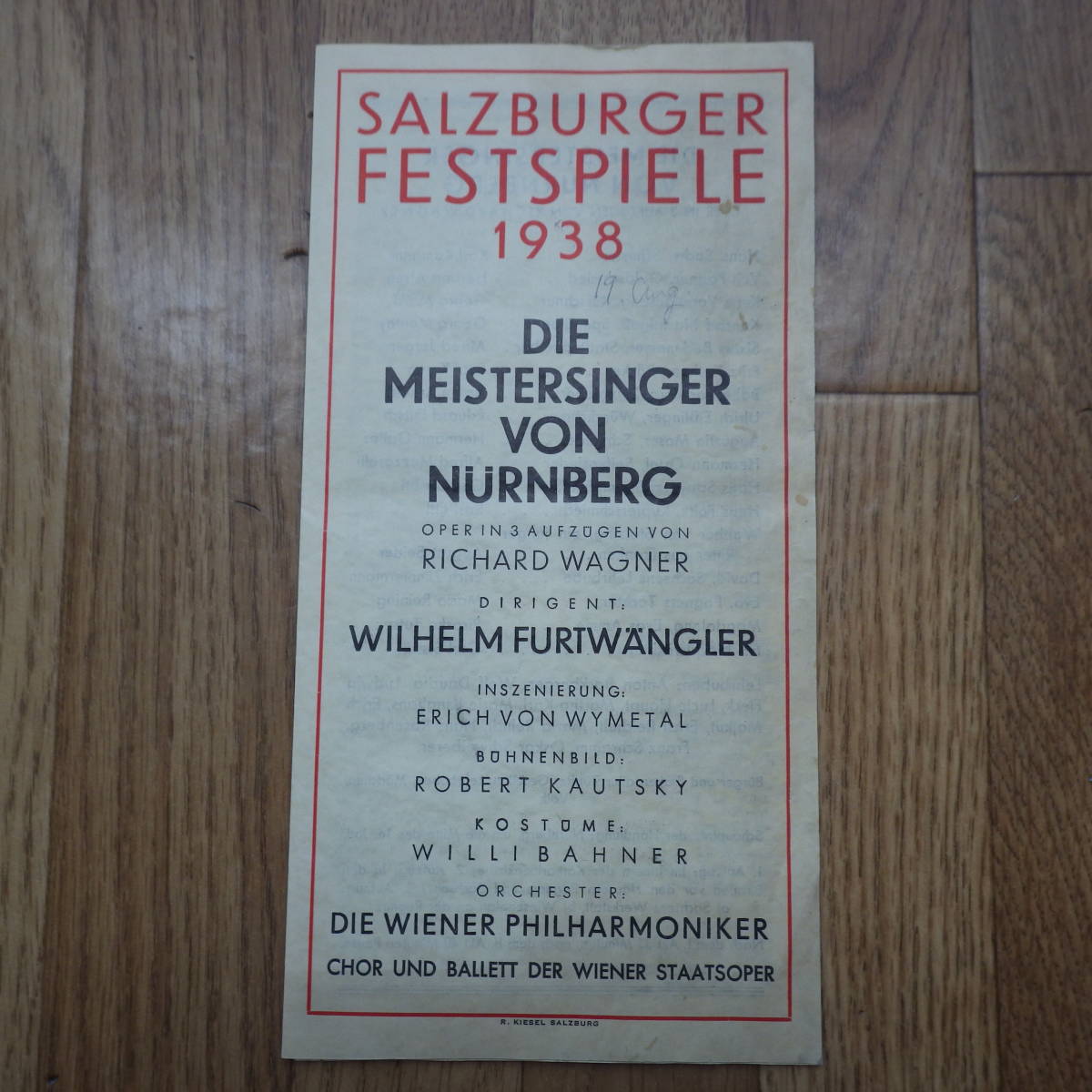 1938年8月19日 ザルツブルグ公演パンフ 最大59%OFFクーポン フルトヴェングラー指揮 R ワーグナー 68％以上節約 マイスタージンガー