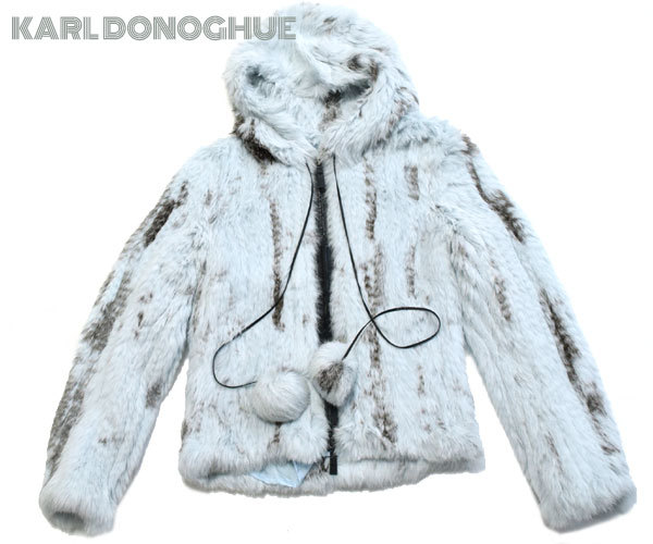 KARL DONOGHUE ■美品　フード付きラビットファージャケットコート　毛皮　36サイズ　ライトブルー　レザー　カールドノヒュー