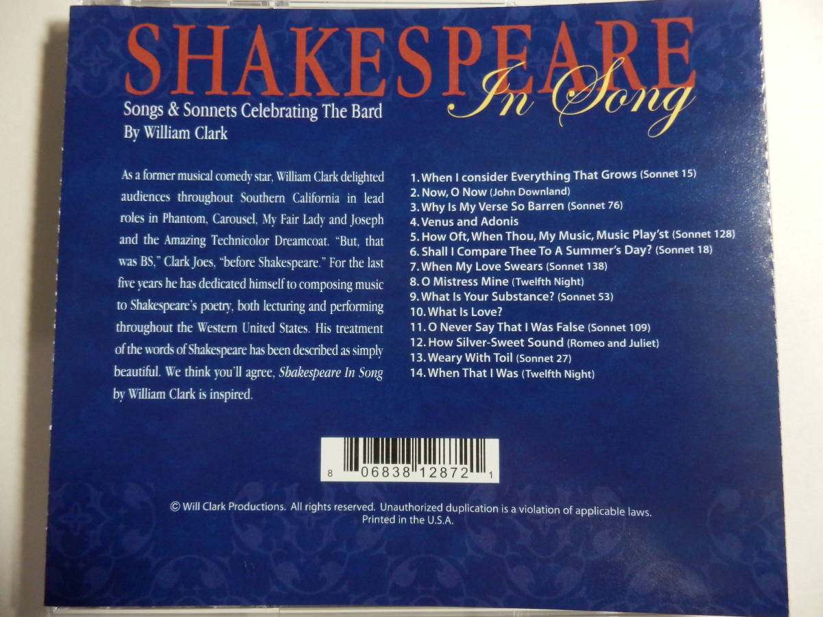 CD/シェイクスピア.ソング/William Clark - Shakespeare in Song/O Mistress Mine/How Silver-Sweet Sound/Why Is My Verse So Barren 他_画像2