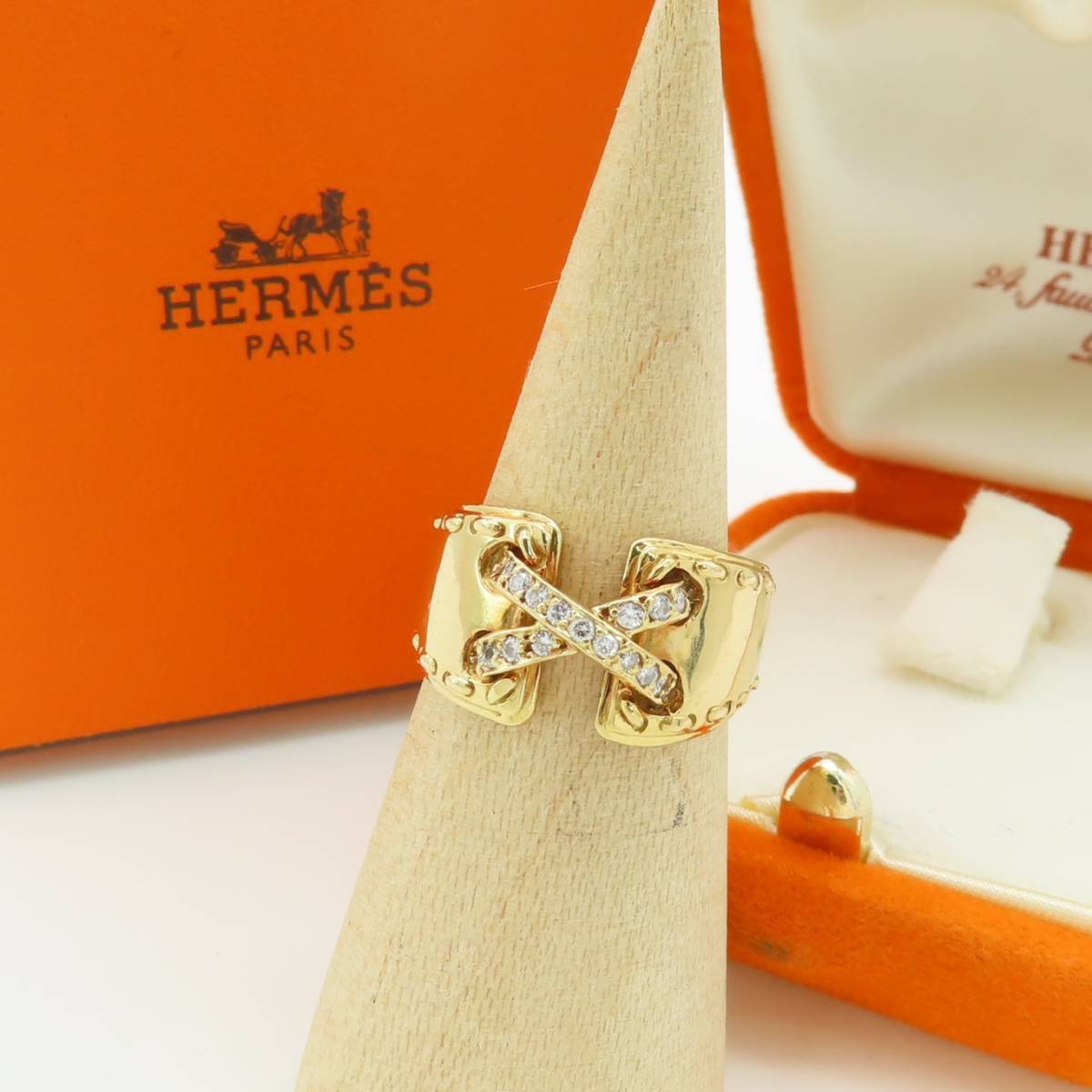 希少 美品 HERMES エルメス ヴィンテージ ゴールド ダイヤモンド クロス リング 指輪 750 K18 メキシコ 12号 51 FF5