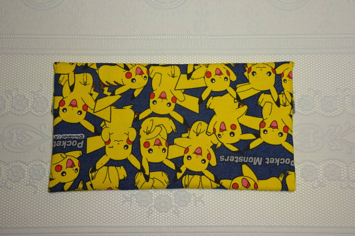  pleat mask case 11×21. Denim style Pikachu Pokemon character pocket type mask inserting hand made 