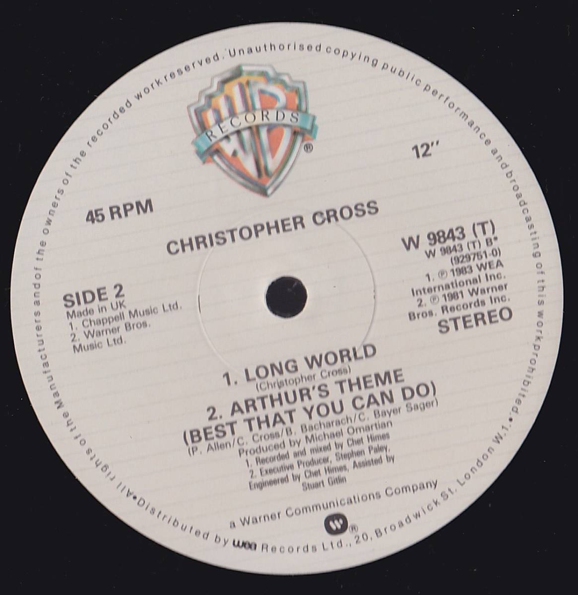 80's hit 12inch★CHRISTOPHER CROSS / Arthur's theme / All right★極上盤・picture sleeve・U.K.盤・Warner★_画像2