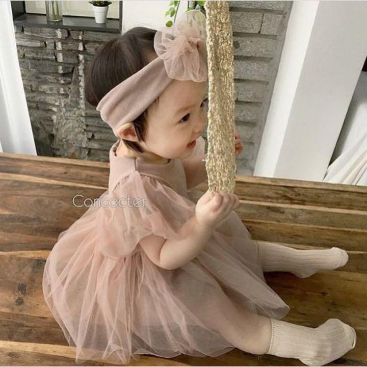 PayPayフリマ｜韓国子供服 ベビードレス ロンパース ヘアバンド くすみ 80 ピンク