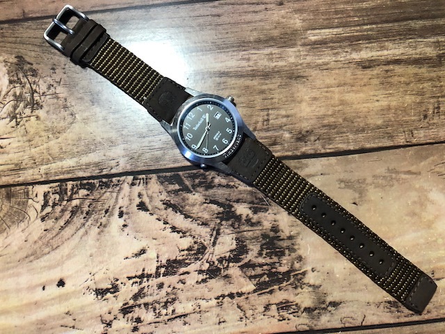外観 美品 レア Timberland ティンバーランド INDIGLO 50M デイト 黒文字盤 ナイロン純正ベルト ミリタリー クオーツ メンズ  腕時計