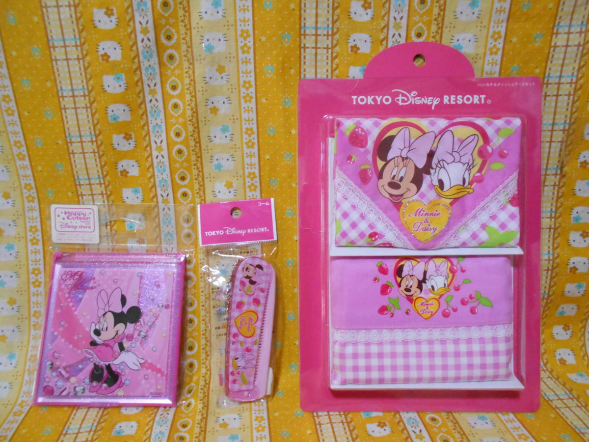 ! Disney new goods Minnie Mouse Disney store hand-mirror Mini stand mirror & folding comb . comb & handkerchie & tissue case 