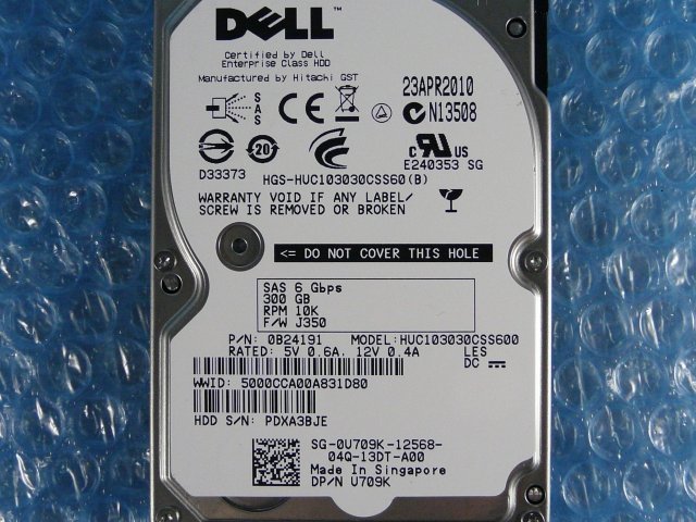 1GFG // デル 0U709K 300GB 2.5インチ SAS 10K(10000)rpm 6Gb/s (HUC103030CSS600) 15mm // Dell PowerEdge R610 取外 // 在庫4_画像2
