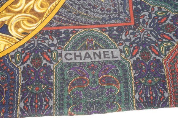 シャネル 88cm 大判 スカーフ シルク100% ココマーク CCロゴ ペイズリー チェーンアクセ ストール ショール マルチカラー 美 CHANEL 6683k_画像9