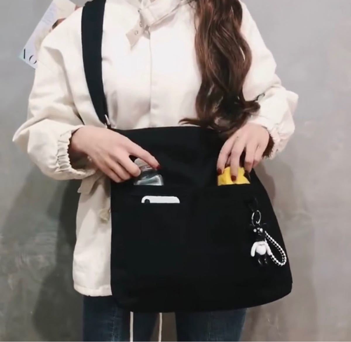 韓国雑貨 バッグ トートバッグ キャンパスバッグ ショルダーバッグ エコバッグ ボディバッグ 帆布生地 ブラック 新品未使用