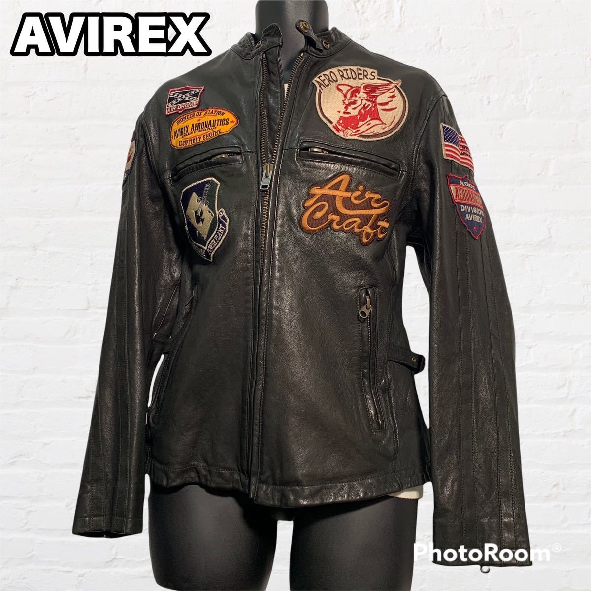 AVIREX ライダースジャケット シングル 本革 刺繍 ワッペン M 黒 山羊-
