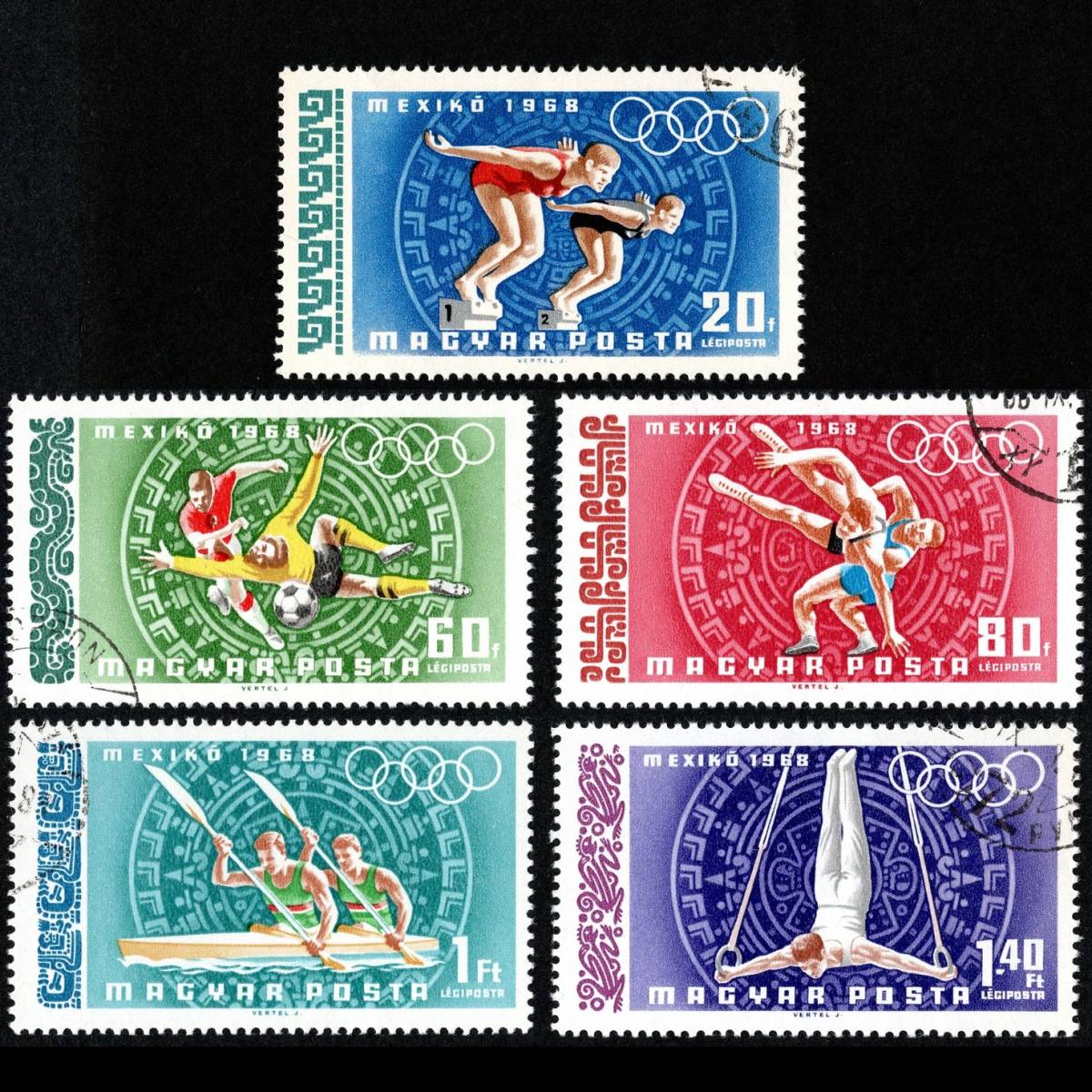 郵便切手 ハンガリー MAGYAR POSTA 「1968年メキシコシティーオリンピック大会 水泳/サッカー/レスリング/ボート/つり輪」 Stamps Olympic_画像1
