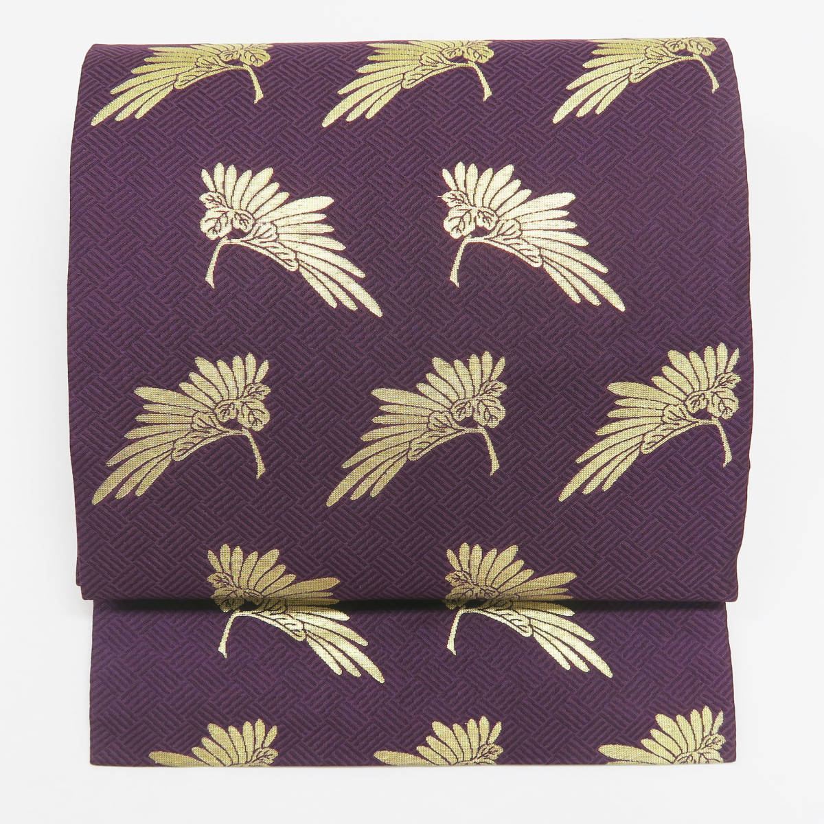 袋帯　紫　金　菊　パープル地紋　訪問着　着物　中古　シルク　正絹　全通