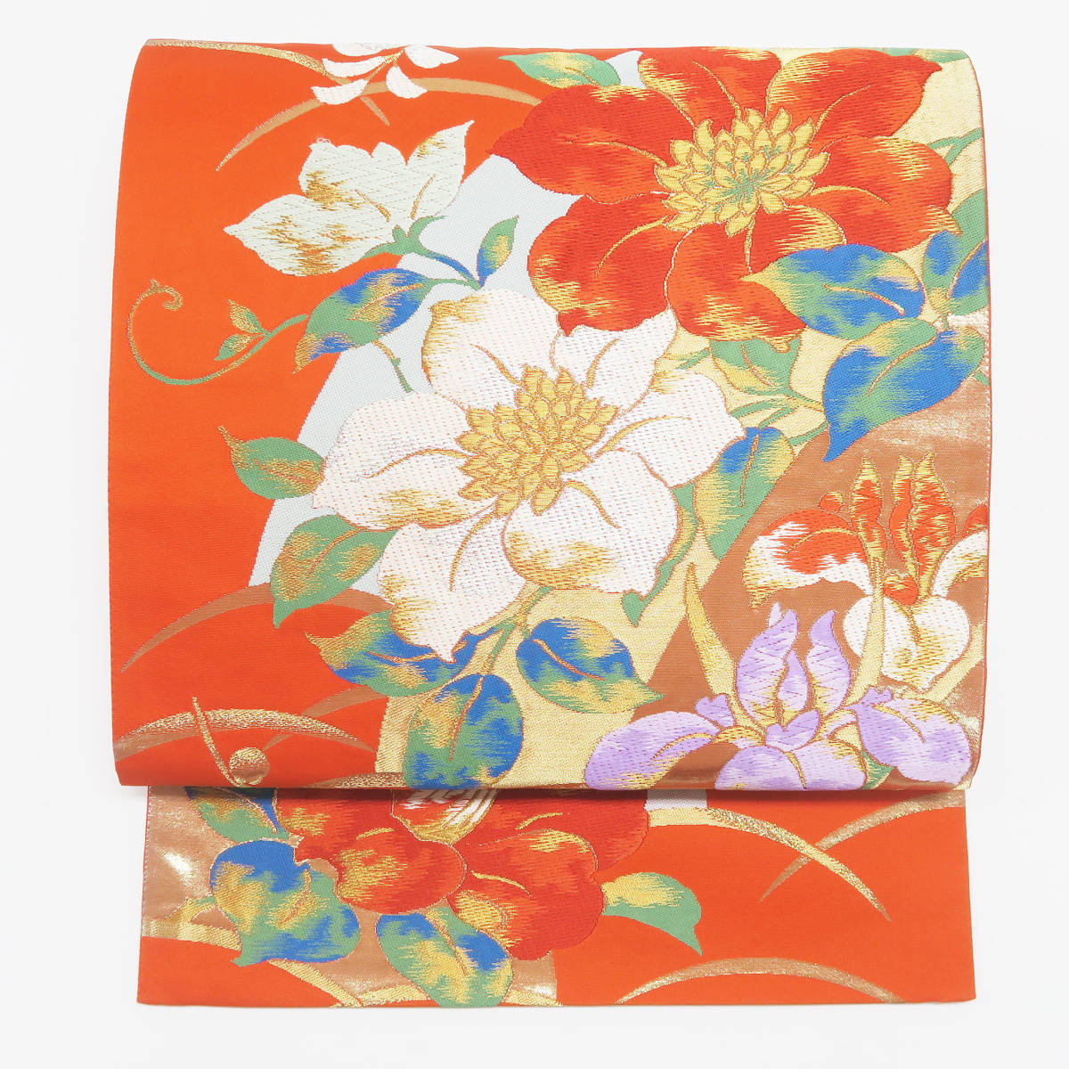 袋帯　オレンジ　椿　花々　朱色　梅　菖蒲　四季の花　振袖　訪問着　中古　状態良好　絹　正絹　帯