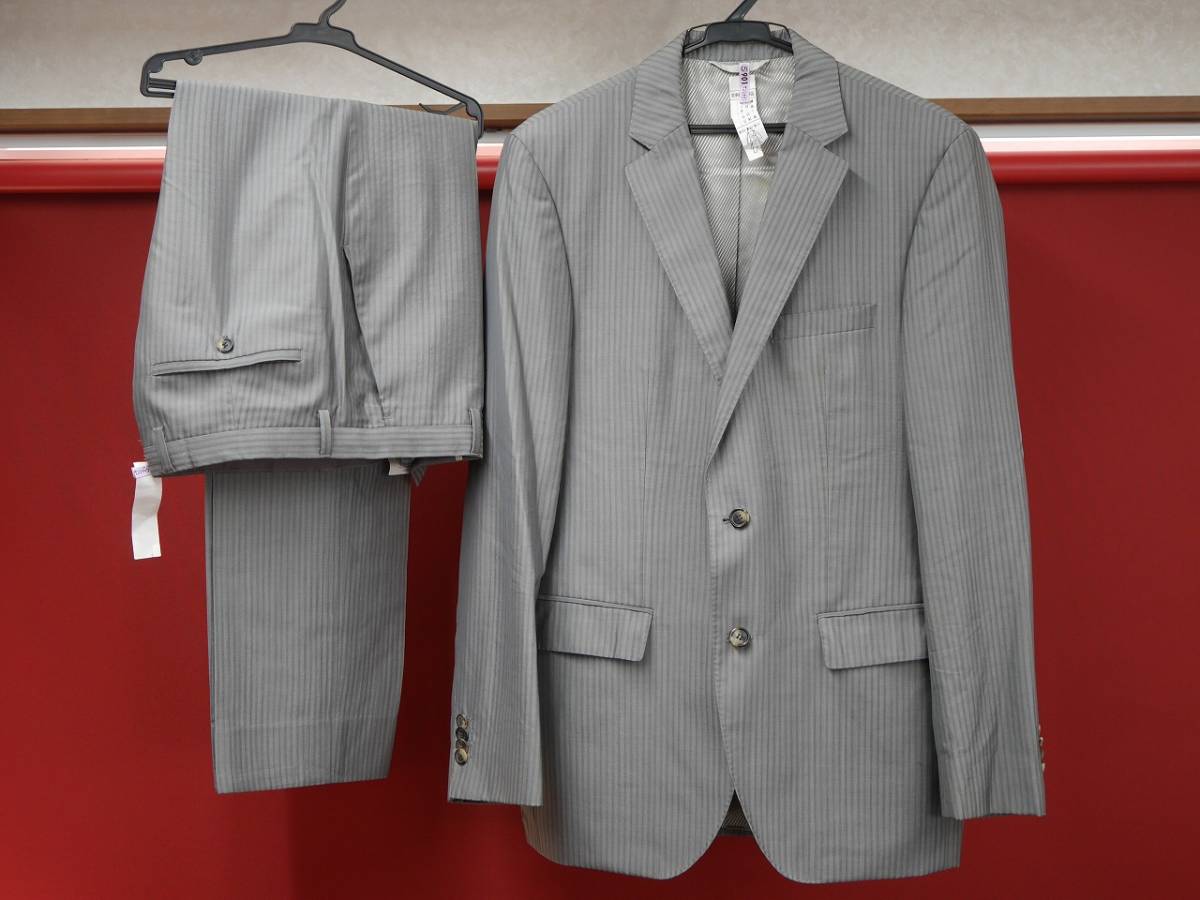 HUGO BOSS/ヒューゴボス メンズスーツ シングルスーツ 光沢のある灰色 グレー ストライプ 48サイズ Mサイズ クリーニング済み