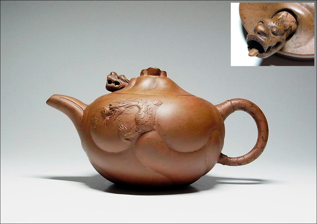 宜興窯 紫砂茶壺 在銘 煎茶道具 魚化龍 時代物