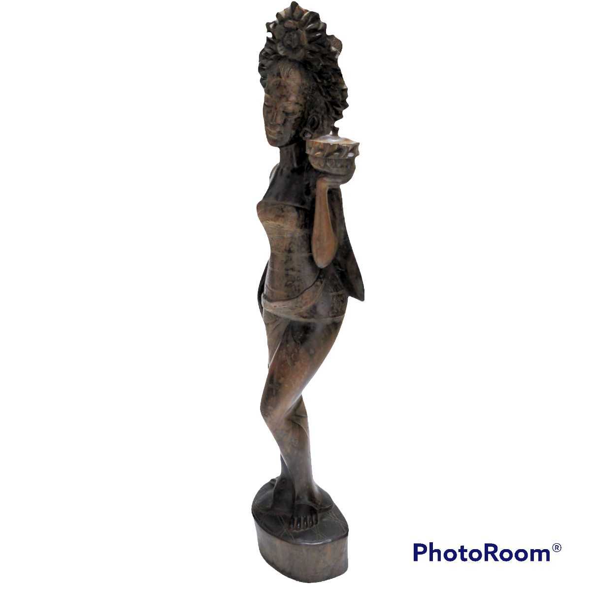 古い木彫り彫刻 黒檀 インドネシア バリ 女性像 高さ60cm 置物 