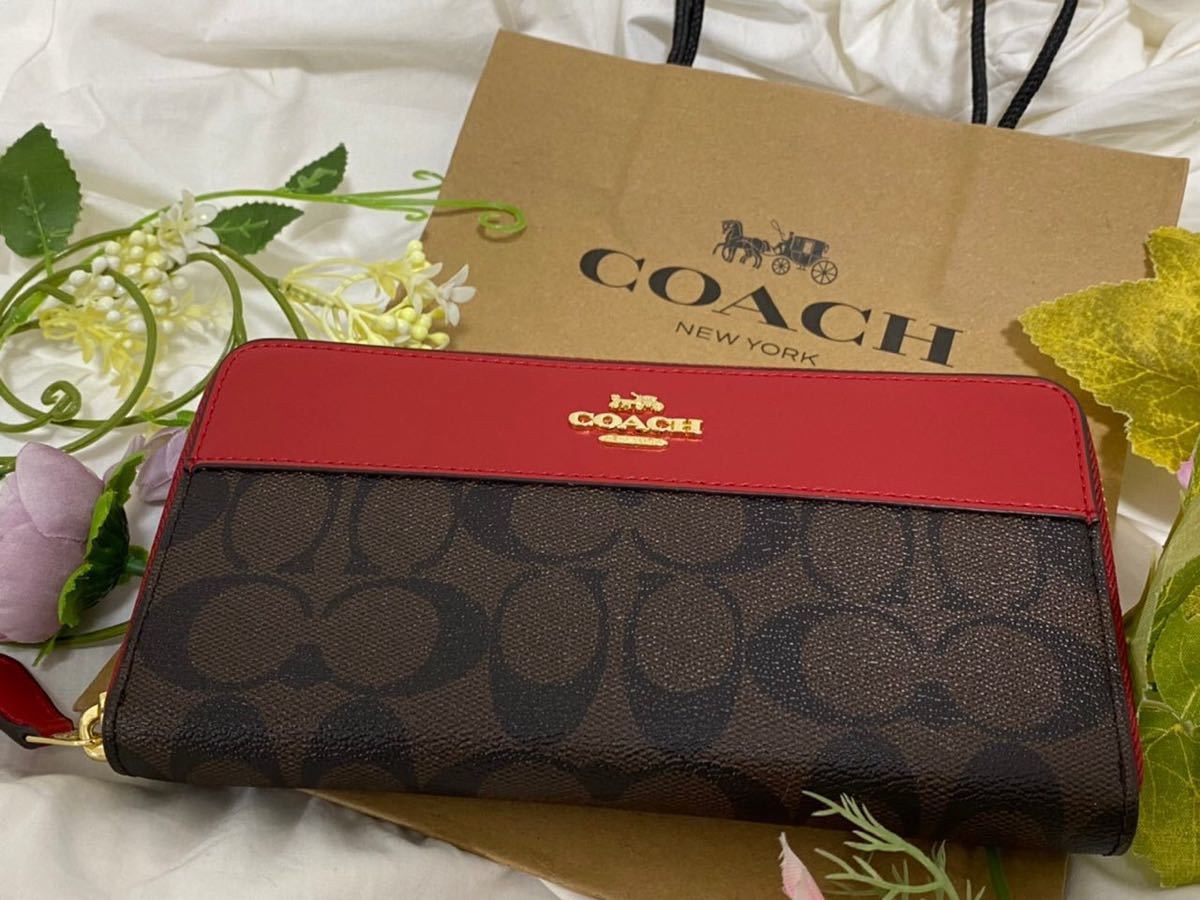 COACH】コーチ 正規品 新品 長財布 ブラウン×レッド｜Yahoo!フリマ（旧