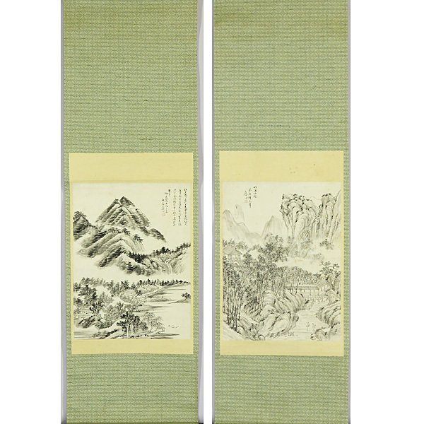 B-1842【真作】川村雨谷 肉筆紙本 山水図 双幅 掛軸/南画家 司法官