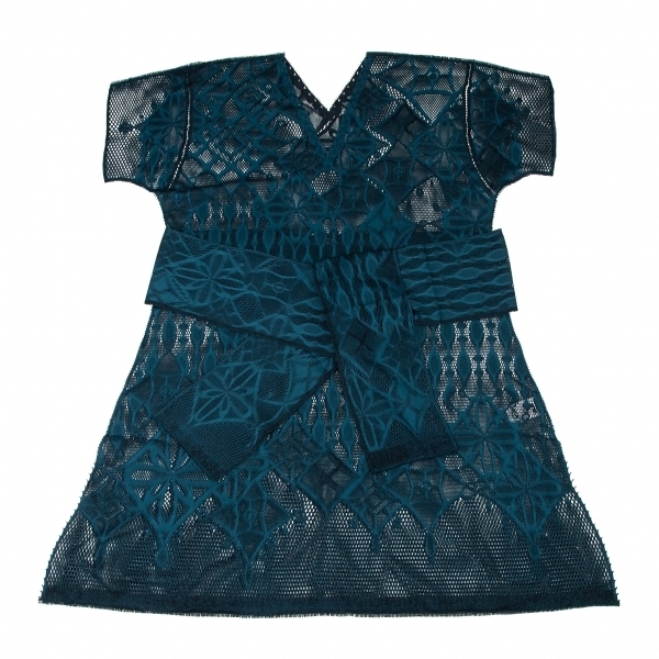  Issey Miyake mi-A-POC INSIDE cutting flower mesh V neck short sleeves One-piece blue green F [ lady's ]