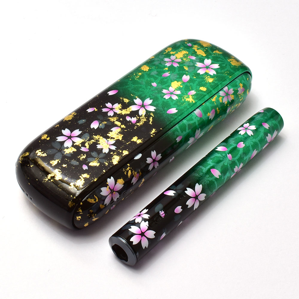 オーダー制作 アイコスイルマ本体 桜柄 金箔押し グリーン&ブラック