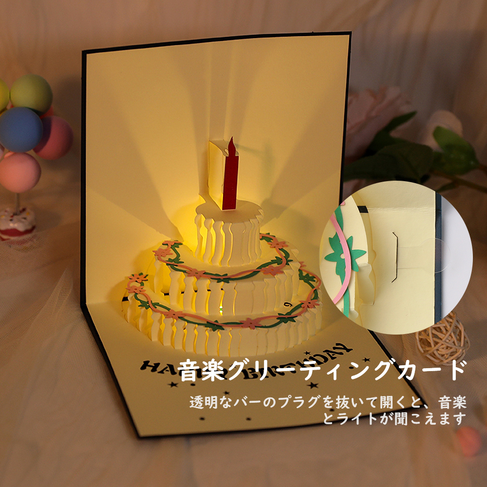 M 3d L バースデーカード 3dケーキ グリーティングカード ネイビー メロディ付き 封筒付き 立体 誕生日カード 誕生日メッセージカード 500円引きクーポン メロディ付き