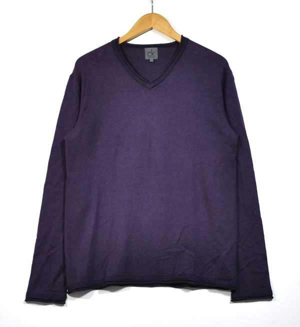 【Calvin Klein】カルバンクライン Vネック ウール セーター 紫 L CK 良品_画像1