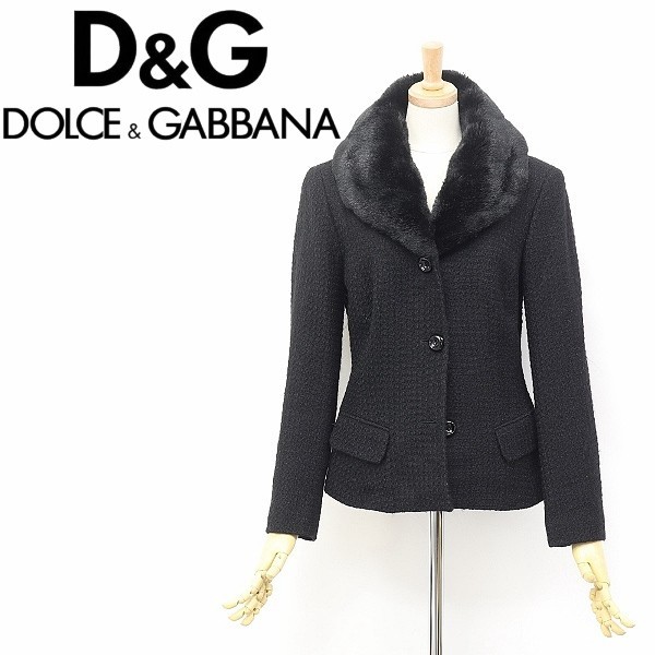 ◆D&G/ドルチェ＆ガッバーナ 衿ファー ウール ツイード 3釦 ジャケット ブラック 26/40_画像1